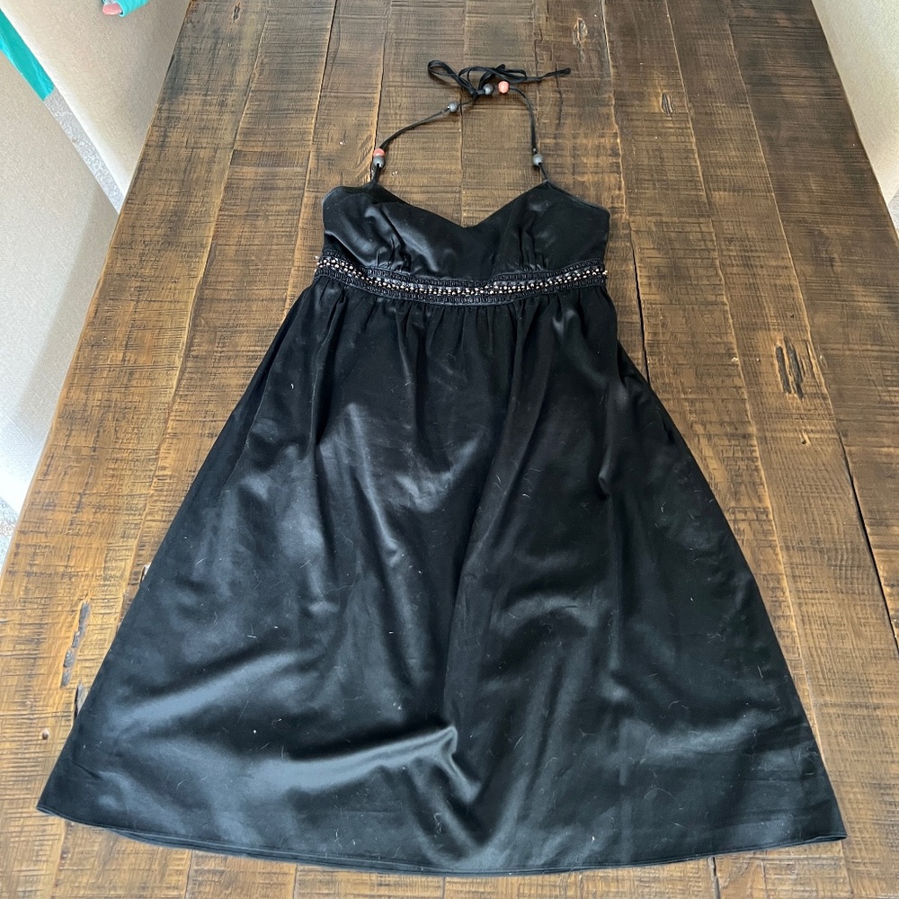 Ann Taylor Sz 0 V-Neck Halter Dress w/ Beading; Tie Neck; Cotton; Lined;Side Zip - Picture 1 of 11